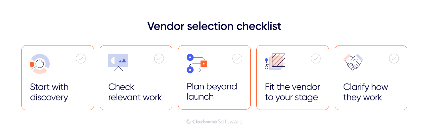 Vendor selection checklist outlining five software development partner evaluation steps: discovery, relevant work, post-launch planning, business-stage fit, and collaboration process.